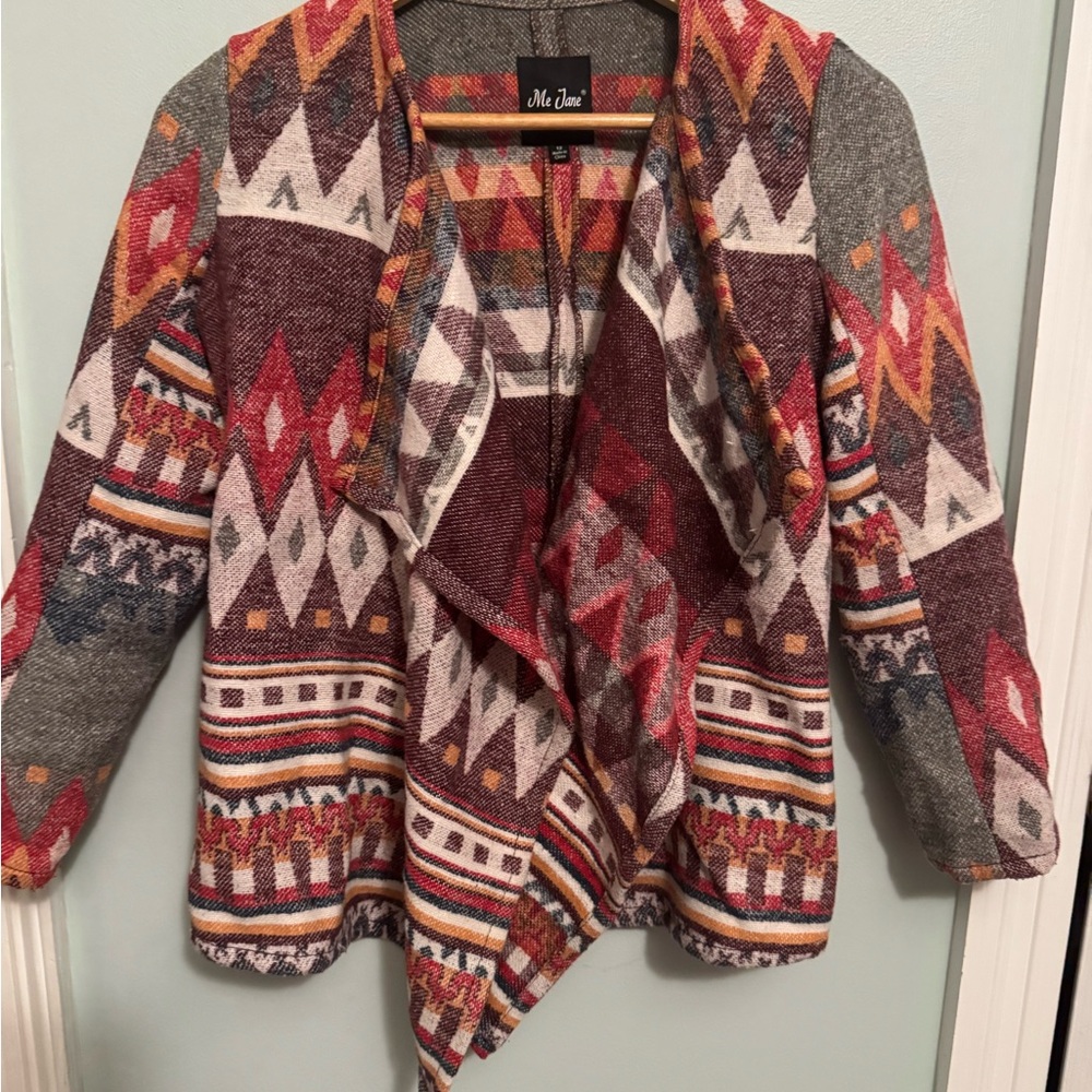 Me Jane Women's Red and Gray Patterned Cardigan Sz12